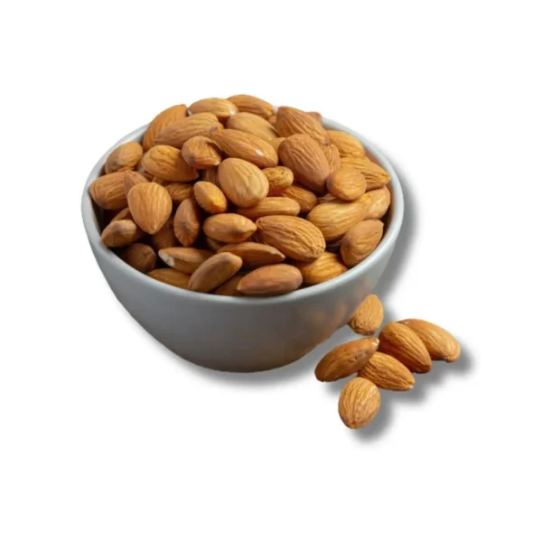 A grey ceramic bowl filled with whole raw almonds with a few scattered next to it