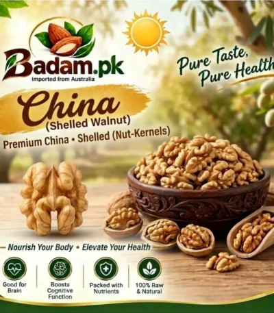 Badam.pk advertisement for Premium China Shelled Walnuts, promoting 100% raw, natural, and nutrient-packed walnut kernels