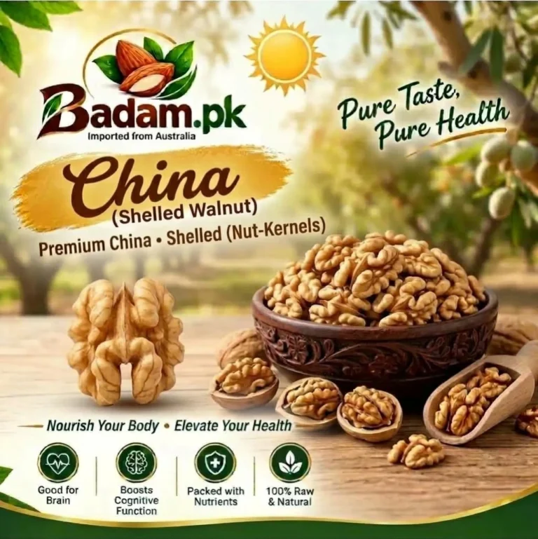 Badam.pk advertisement for Premium China Shelled Walnuts, promoting 100% raw, natural, and nutrient-packed walnut kernels