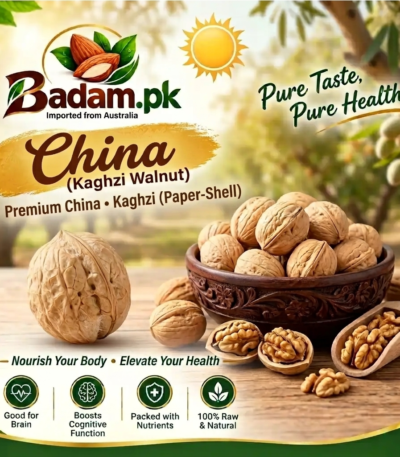 Badam.pk advertisement for Premium China Kaghzi paper-shell walnuts displaying whole and shelled nuts in a wooden bowl