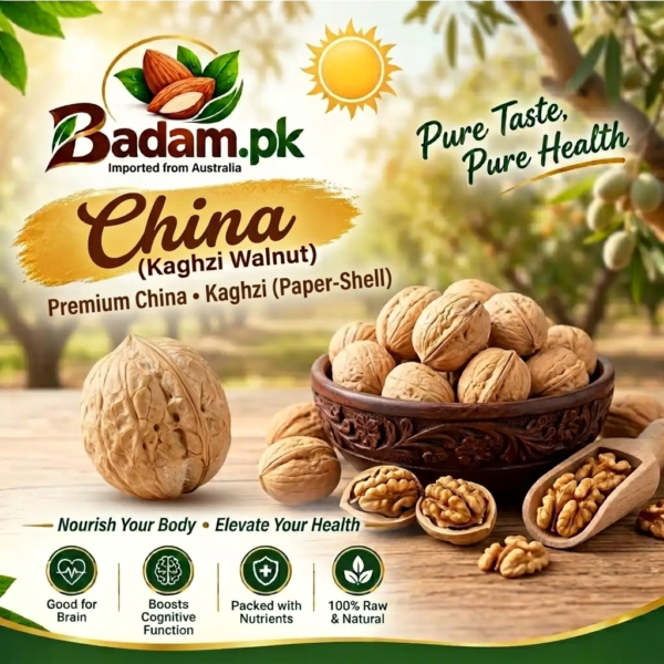 Badam.pk advertisement for Premium China Kaghzi paper-shell walnuts displaying whole and shelled nuts in a wooden bowl
