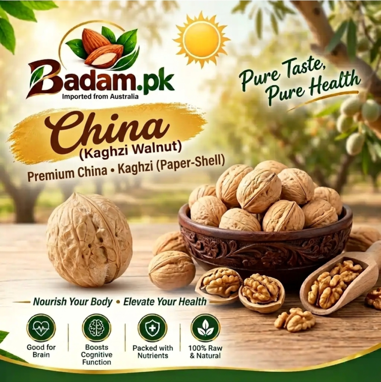 Badam.pk advertisement for Premium China Kaghzi paper-shell walnuts displaying whole and shelled nuts in a wooden bowl