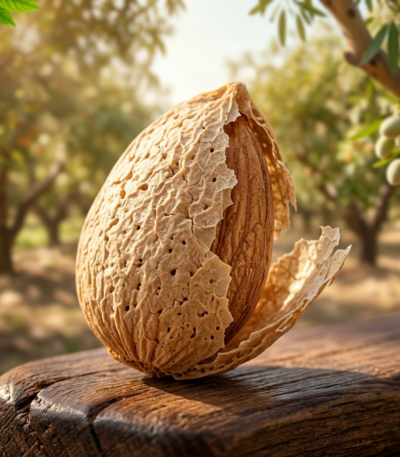 A cracked almond shell revealing the nut inside, resting on a wooden surface in an almond orchard