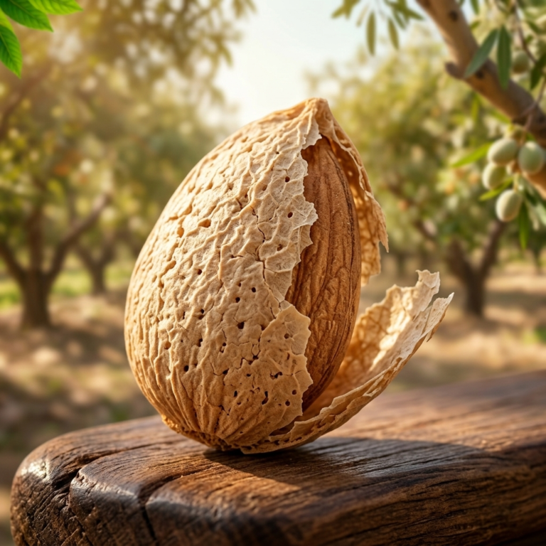 A cracked almond shell revealing the nut inside, resting on a wooden surface in an almond orchard
