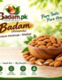 Badam.pk advertisement for Premium American Shelled Almonds highlighting benefits: Good for Heart, Boosts Brain Power, Rich in Nutrients, and 100% Natural