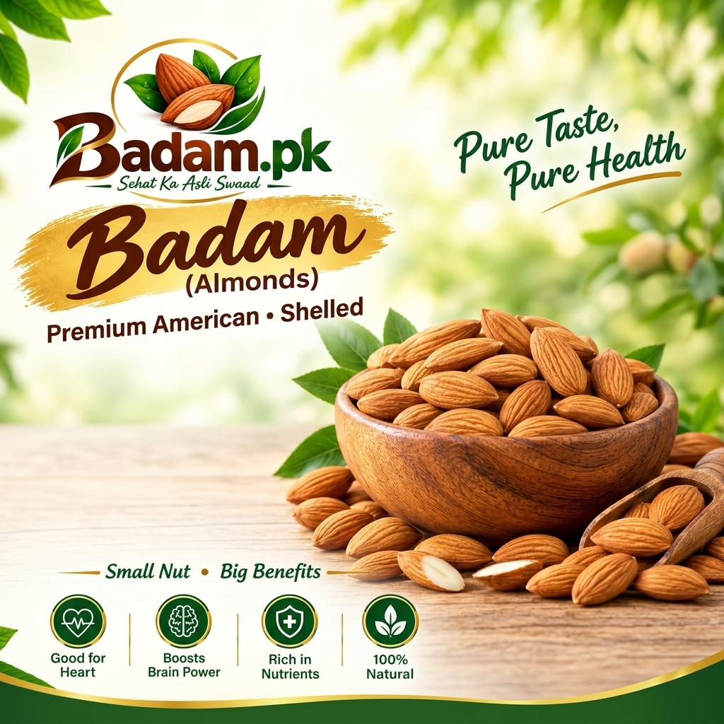 American Badam Shelled Badam.pk advertisement for Premium American Shelled Almonds highlighting benefits: Good for Heart, Boosts Brain Power, Rich in Nutrients, and 100% Natural