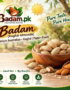 Badam.pk advertisement for Australian Kaghzi paper-shell almonds, highlighting health benefits for heart, brain, and nutrition
