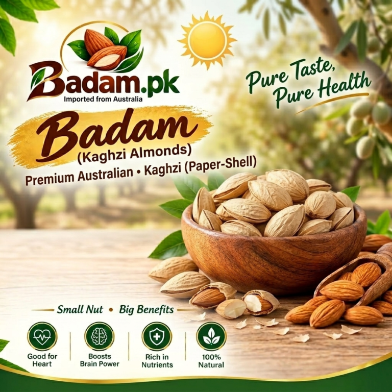 Badam.pk advertisement for Australian Kaghzi paper-shell almonds, highlighting health benefits for heart, brain, and nutrition