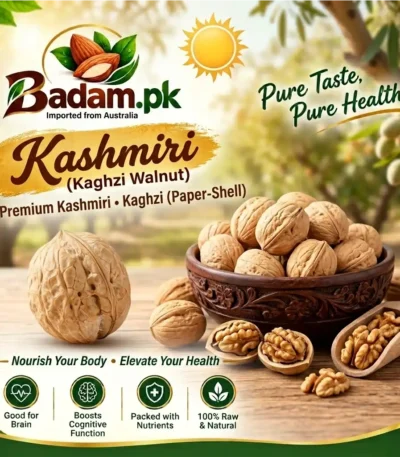 Kashmiri Kaghzi paper-shell walnuts advertisement by Badam.pk highlighting health and cognitive benefits