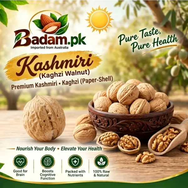 Kashmiri Kaghzi paper-shell walnuts advertisement by Badam.pk highlighting health and cognitive benefits
