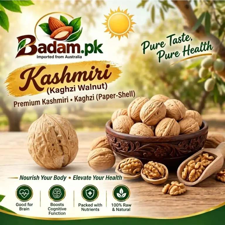 Kashmiri Kaghzi paper-shell walnuts advertisement by Badam.pk highlighting health and cognitive benefits