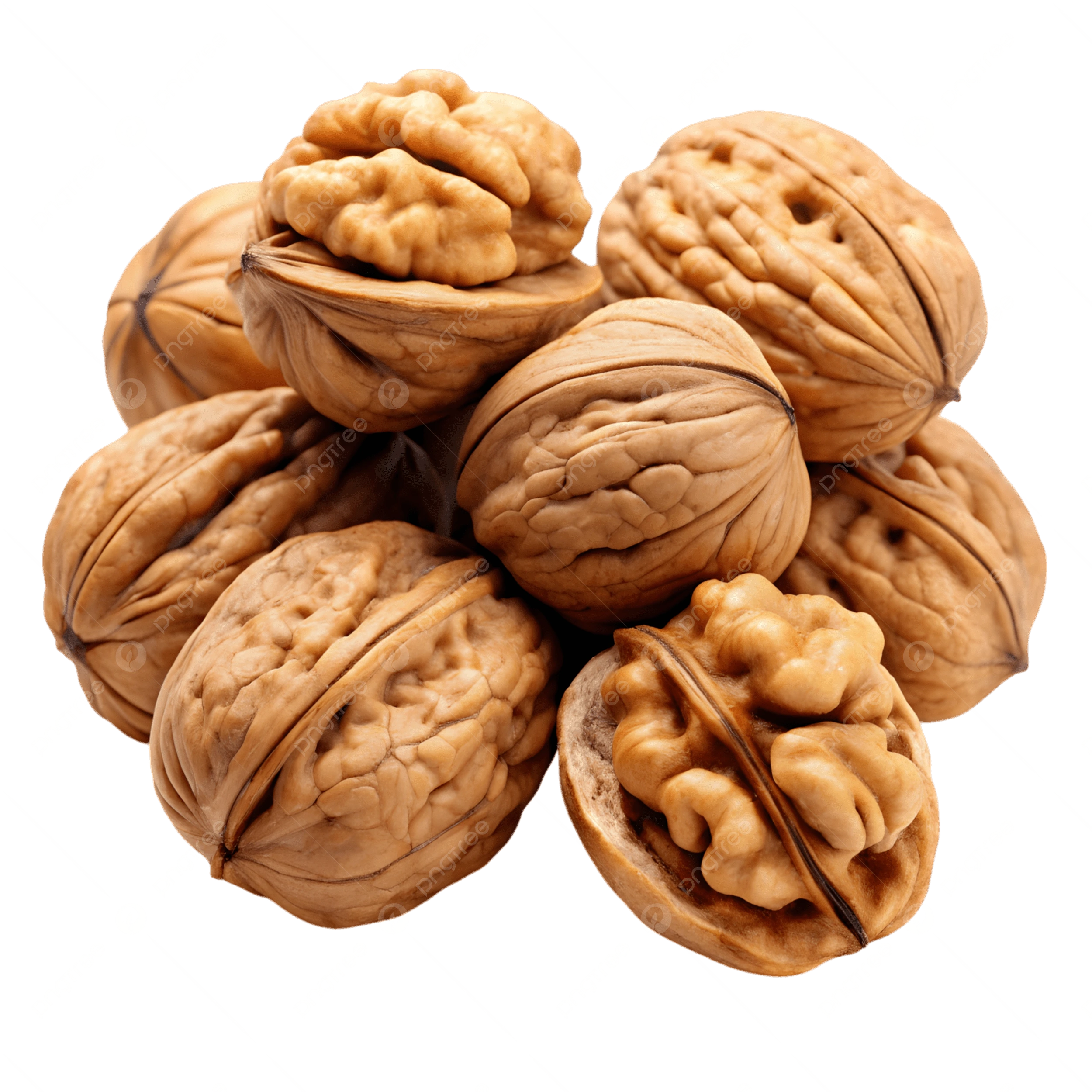 A pile of whole and partially cracked walnuts showing the nutmeat inside
